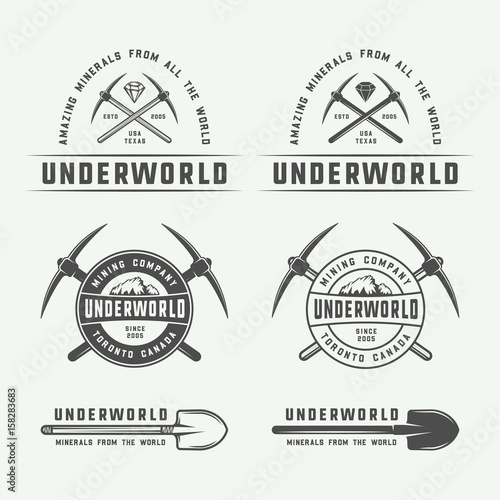Set of retro mining or construction logo badges and labels in vintage style. Monochrome Graphic Art. Vector Illustration.