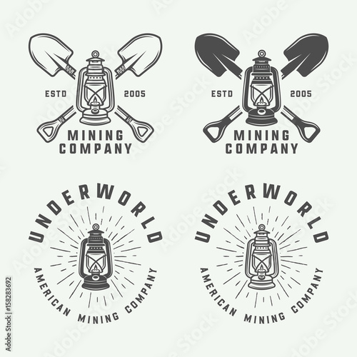 Set of retro mining or construction logos, badges, emblems and labels in vintage style. Monochrome Graphic Art. Vector Illustration.
