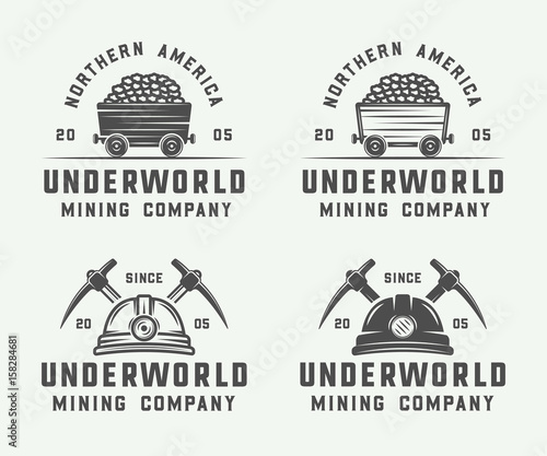 Set of retro mining or construction logos, badges, emblems and labels in vintage style. Monochrome Graphic Art. Vector Illustration.