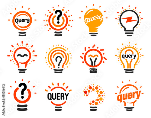 New question mark symbols, flat bright cartoon bulbs. White and orange colors sign. Stylized set of vector lightbulbs, collection colorful logotypes. Query icon, circle logo