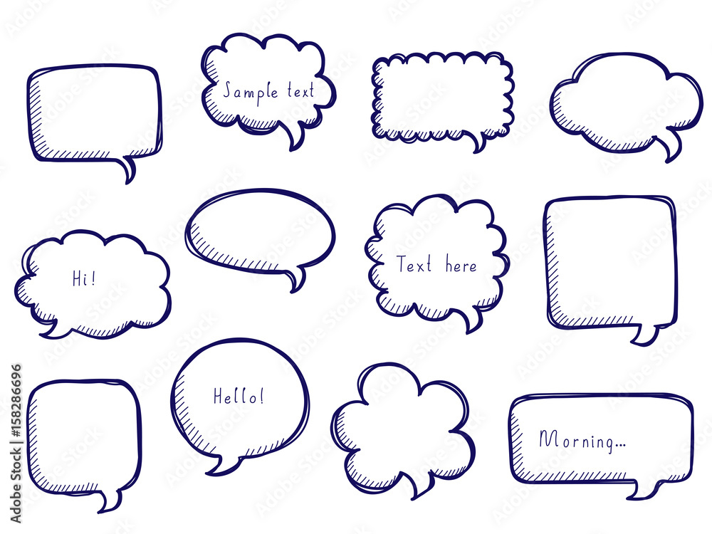 Fototapeta premium Hand drawn speech bubbles collection. Blue pen drawing. Vector illustration