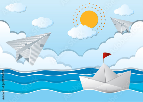 Ocean scene with paper airplane and boat