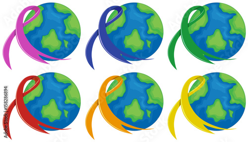Planet earth and different color ribbons