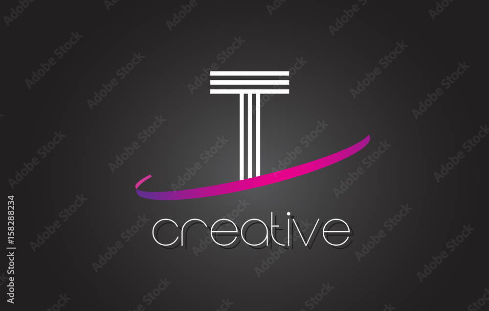 T Letter Logo with Lines Design And Purple Swoosh. T Letter Logo with Lines Design And Purple Swoosh.