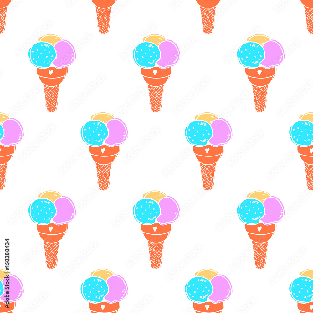 Seamless ice cream scoop pattern, handdrawn colorful summer food vector, doodle icecream