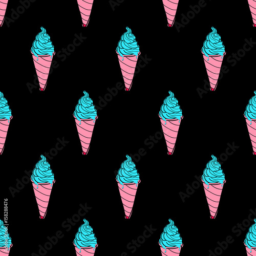 Seamless melting ice cream cone pattern, hand-drawn colorful summer food background, mint cone melts vector, for cards, invitations, food design, EPS 8