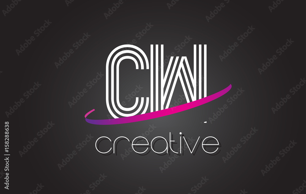 CW C W Letter Logo with Lines Design And Purple Swoosh. CW C W Letter Logo with Lines Design And Purple Swoosh.