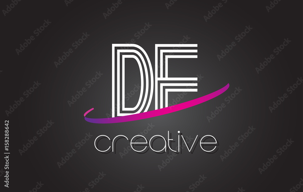 DE D E Letter Logo with Lines Design And Purple Swoosh. DE D E Letter Logo with Lines Design And Purple Swoosh.