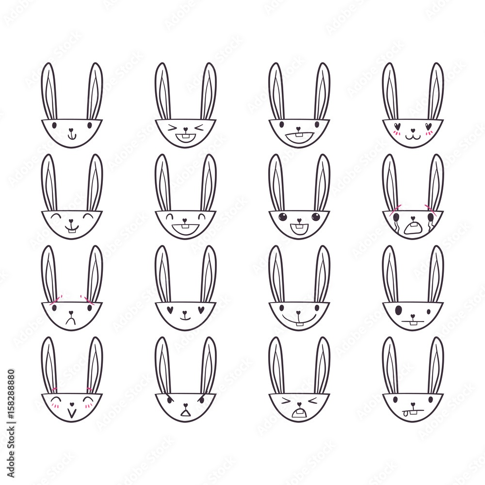 Set of cute Easter bunny emoticons with happy and lovely faces, hand-drawn rabbit collection with various emotions, EPS 8 Set of cute Easter bunny emoticons with happy and lovely faces, hand-drawn rabbit collection with various emotions, EPS 8