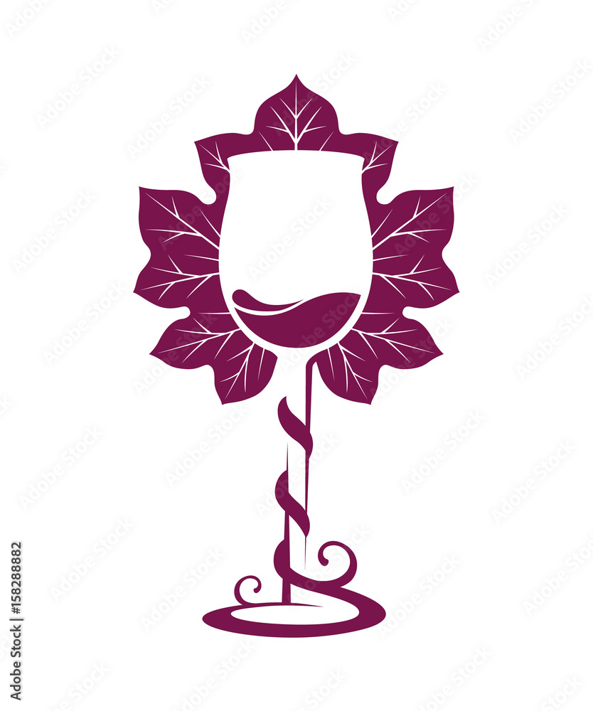 Silhouette of wine glass with grape tendril wrapped around its leg, against background of elegant grape leaf. Color vector template, isolated, graphic design for logo, icon or wine list in restaurant. Silhouette of wine glass with grape tendril wrapped around its leg, against background of elegant grape leaf. Color vector template, isolated, graphic design for logo, icon or wine list in restaurant.