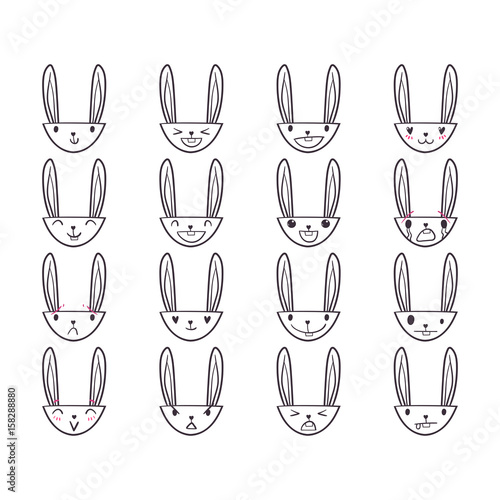 Set of cute Easter bunny emoticons with happy and lovely faces, hand-drawn rabbit collection with various emotions, EPS 8 © julijuliart