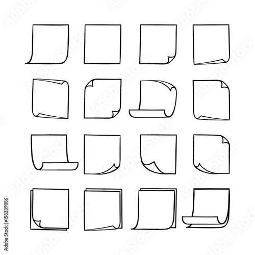 Vector black and white stick notes, collection of hand-drawn sheets of note paper with place for your text and message, isolated monochrome sticky note with curled corners, EPS 8