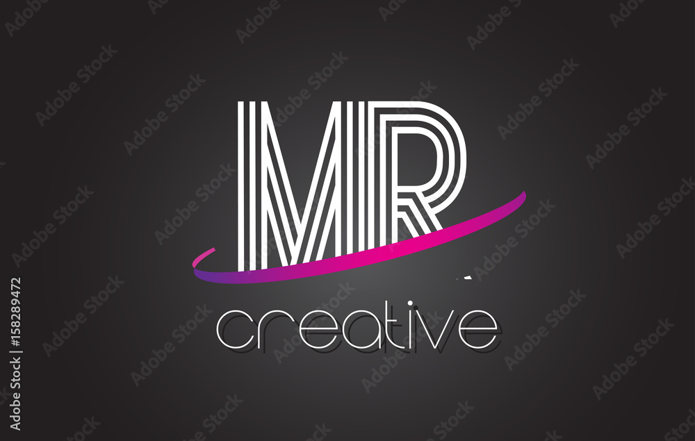 MR M R Letter Logo with Lines Design And Purple Swoosh. MR M R Letter Logo with Lines Design And Purple Swoosh.