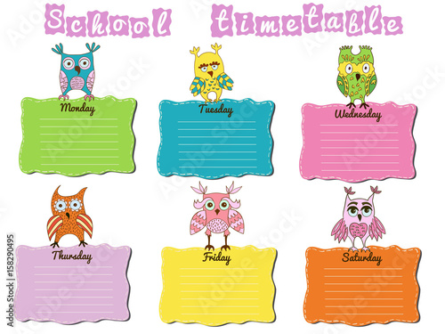 School timetable with colorful owls.