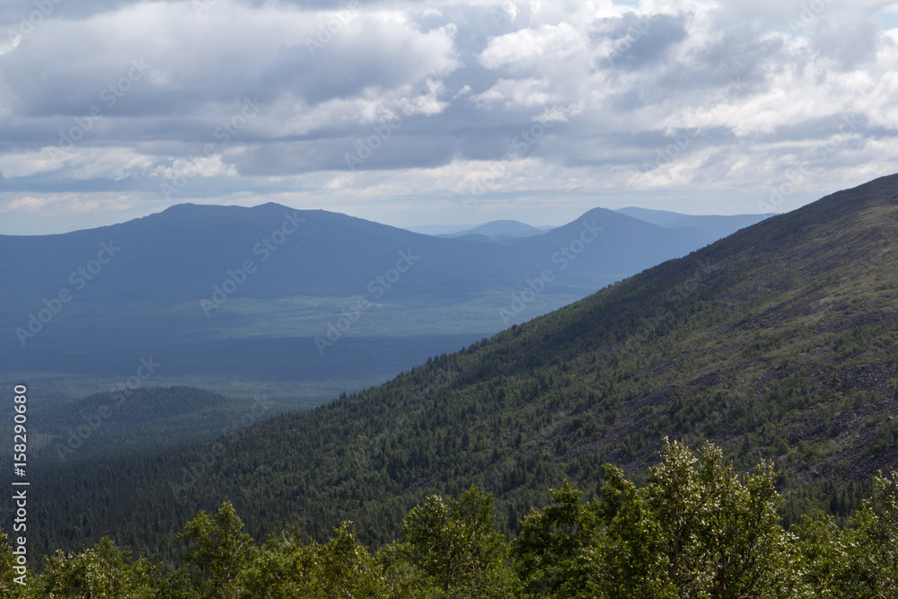 Summer in the mountains. Mountain ranges over the forest. Panoramic view of the mountains.