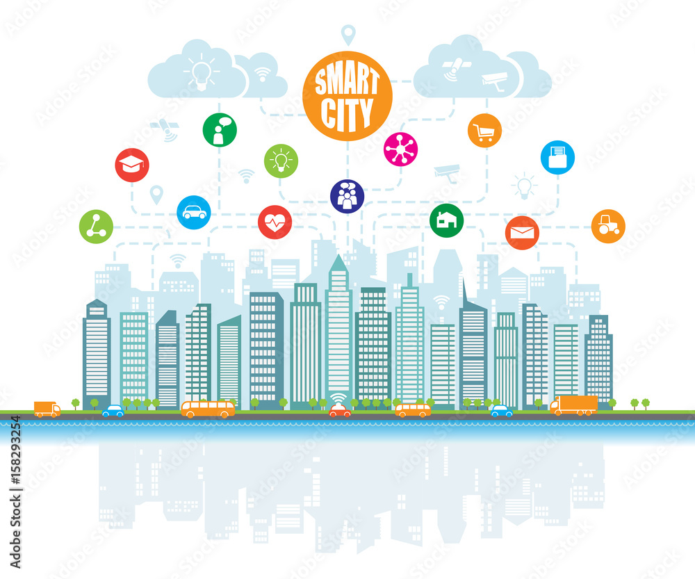 Smart city with advanced intelligent services, and augmented reality, social networks, Internet of things. Background, place for text