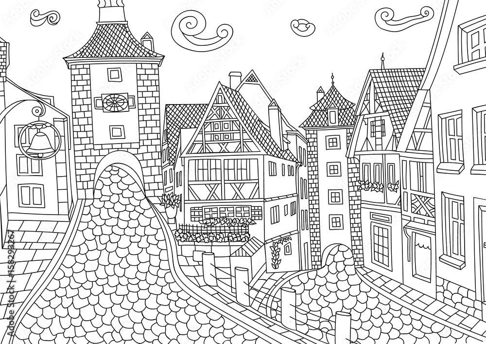 Fototapeta premium Coloring for adult with Rothenburg ob der Tauber.