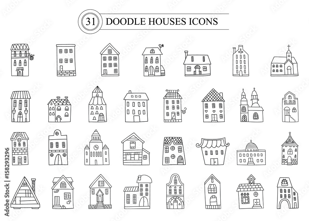 Set of vector doodle icon european houses