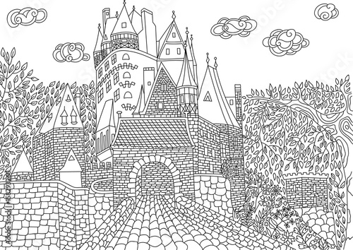 Coloring for adult with Eltz Castle.