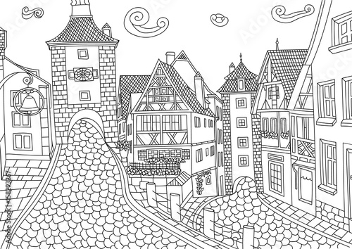 Coloring for adult with Rothenburg ob der Tauber.
