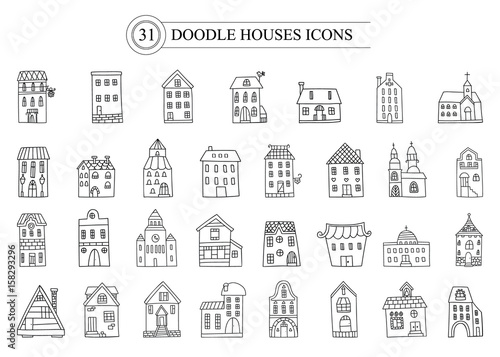 Set of vector doodle icon european houses