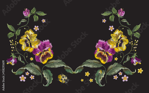 Embroidery beautiful floral neck line pattern with pansies and ladybug. Vector traditional embroidered heartsease flowers on black background for clothing design.