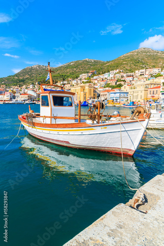 Typical fishing boat in Vathy port on beautiful summer day, Samos island, Greece