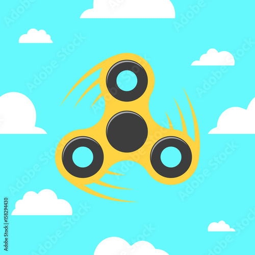 Spinner in a flat style. The yellow spinner turns against the blue sky. Flat, white clouds. A modern antistress toy for recreation. Play with your fingers