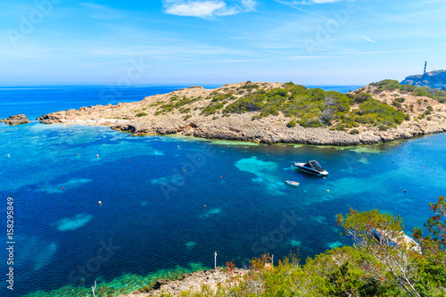 Green coast and view of fishing boats on sea in Cala Portinatx bay, Ibiza island, Spain