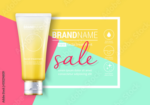 Facial treatment cream realistic vector illustration isolated on colorful background. Cosmetic add mock up template for sale poster design