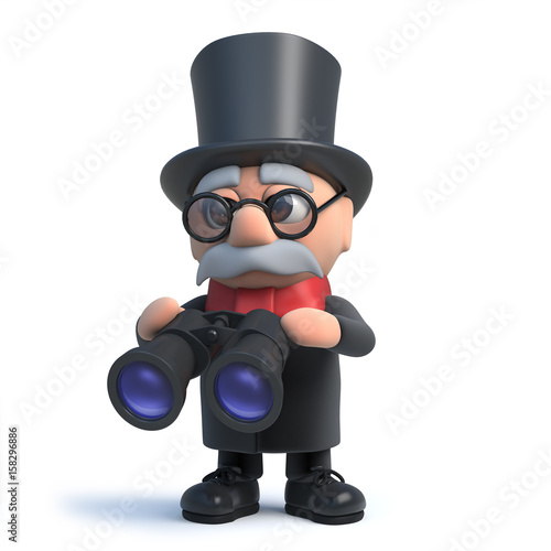 3d Funny cartoon lord in top hat character holding a pair of binoculars © Steve Young