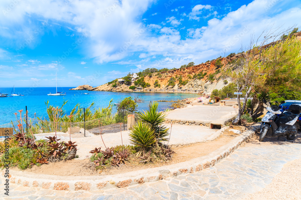 Coastal area at Cala d'Hort beach on sunny summer day, Ibiza island, Spain
