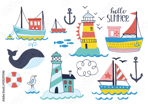 Summer holiday vacation set of stickers, patches and badges with hand drawn cute boat, lighthouse and whale. Isolated vector illustration