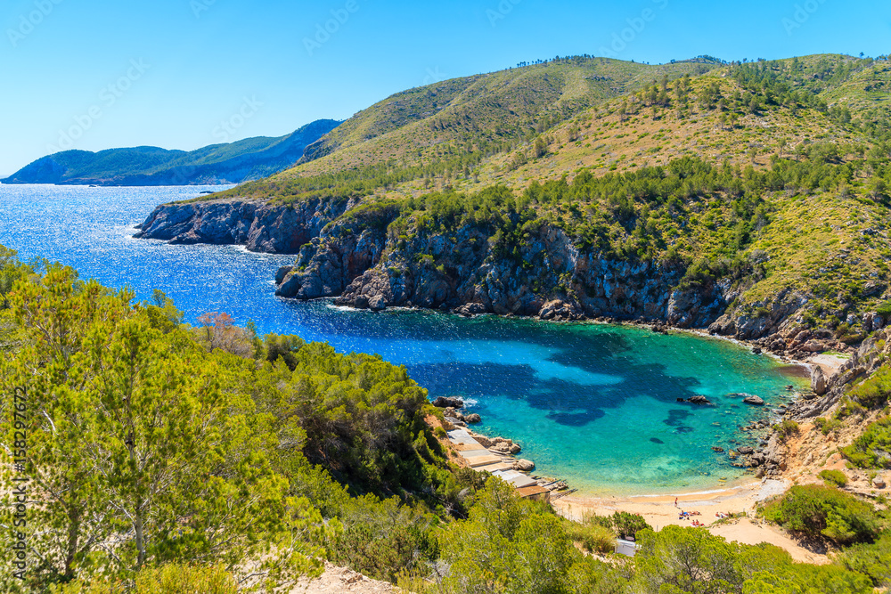 View of secluded Cala d'en Serra beach and coastal cliff rocks, Ibiza island, Spain