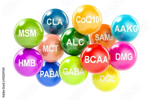 Set of amino acids. AAKG, ALC, BCAA, CLA, CoQ10, GABA, DGL, HMB, MCT, MSM, SAMe, DMG, PABA, 3D rendering photo
