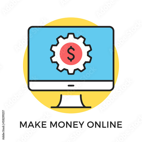 Make money online icon. Computer with gear and dollar sign on screen. Modern flat design thin line concept. Vector icon
