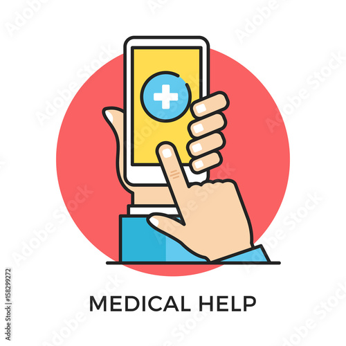 Medical help icon. Hand holding smartphone with medical app on screen, finger touching screen. Modern flat design thin line concept. Vector icon