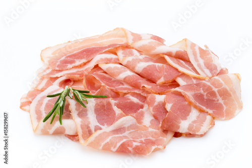 Bacon isolated on white background. Delikatese food.