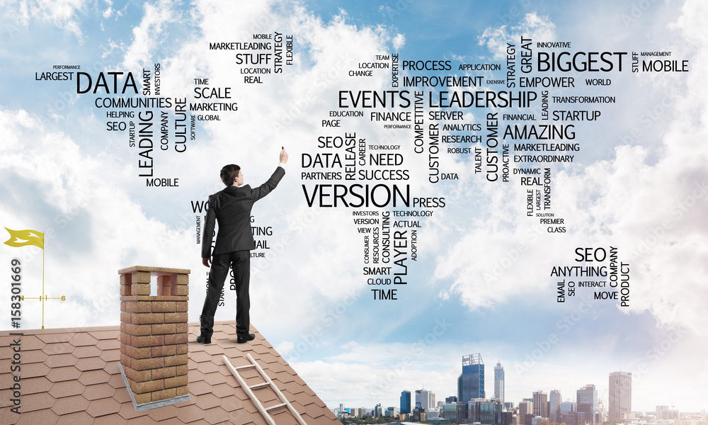 Businessman on brick roof draw world map as concept of globalization. Mixed media Businessman on brick roof draw world map as concept of globalization. Mixed media