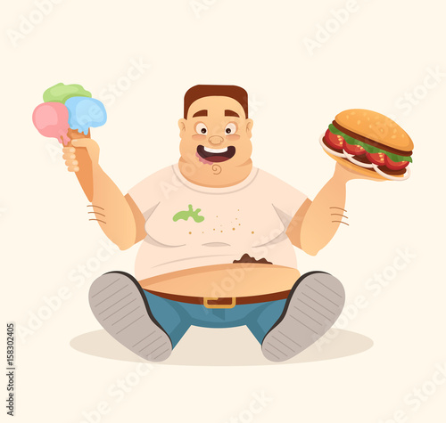 Big fat happy smiling man character mascot eating hamburger and ice cream fast food. Vector flat cartoon illustration