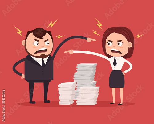 Man and woman colleagues office workers characters quarreling. Bad teamwork. Vector flat cartoon illustration