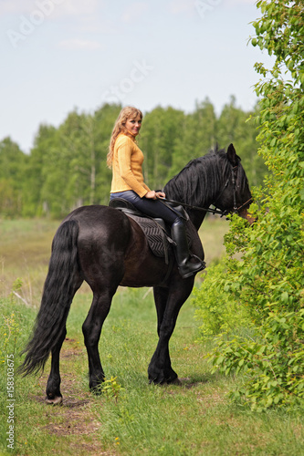 Blond girl on horseback riding through an birch forest © horsemen