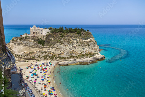 Fototapeta Naklejka Na Ścianę i Meble -  Aerial view of Tropea Beach and Santa Maria dell'Isola, Church - Tropea, Calabria, Italy