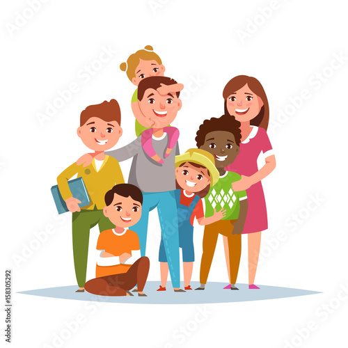 Big international family with adopted child standing together on white background isolated. Vector illustration flat style