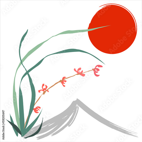 Hand-drawing ink illustration. Wild orchid. Japanese painting style sumi-e. Traditional Chinese painting gohua. Vector