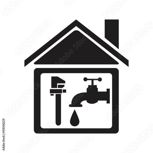 black silhouette house with faucet and wrench element of plumbing vector illustration