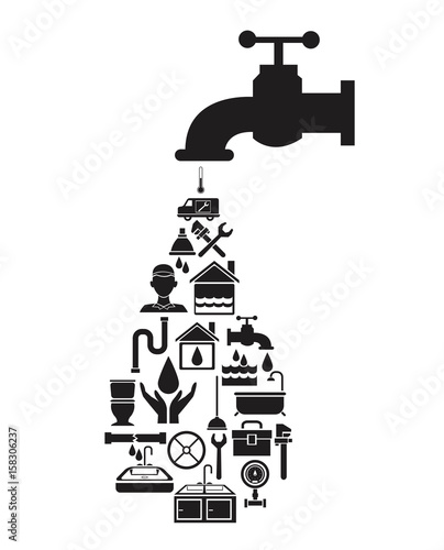 black silhouette house with faucet with drop-shaped plumbing elements vector illustration
