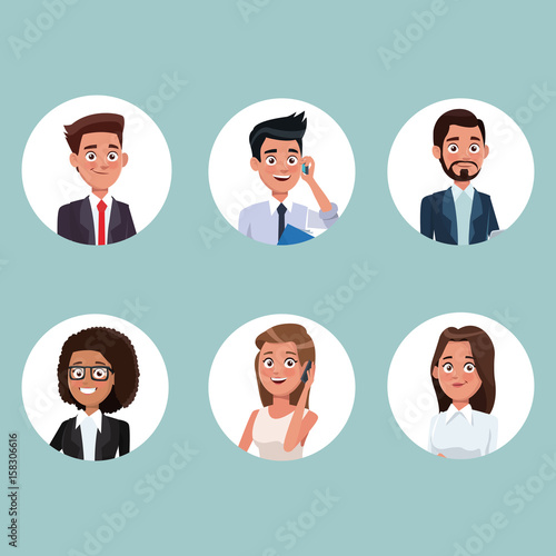 color background with circular frame icons set half body people characters for business vector illustration