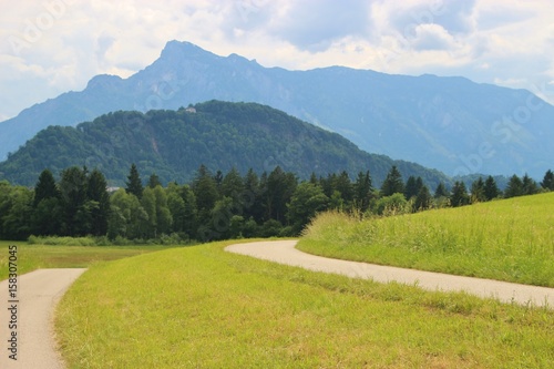 On the foothills of the alps: View of the mountains Untersberg and Kapuzinerberg. Hallwang, next to Salzburg. Austria. Europe. 