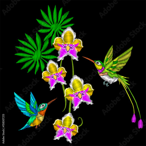 Embroidery tropical flowers orchids and hummingbirds.